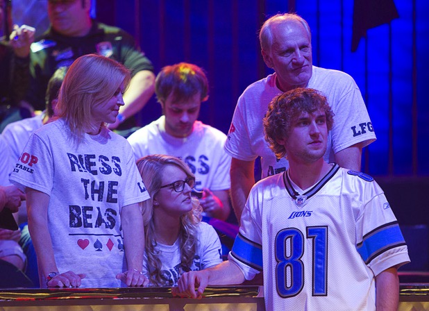 Ryan Riess, 23, a poker professional from East Lansing, Michigan who now resides in Las Vegas, visits with family and supporters before the final table of the World Series of Poker $10,000 buy-in no-limit Texas Hold 'Em tournament at the Rio Monday, Nov. 4, 2013. The 2013 "November Nine" are competing for a share of $26,662,046 of prize money including $8,359,531 for first place.