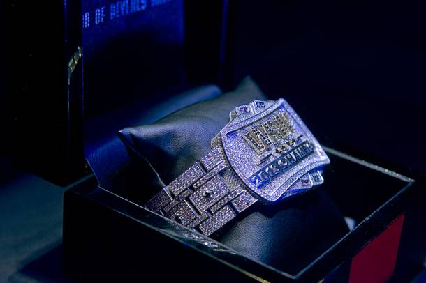 The championship bracelet is displayed during the final table of the World Series of Poker $10,000 buy-in no-limit Texas Hold 'Em tournament at the Rio Monday, Nov. 4, 2013.