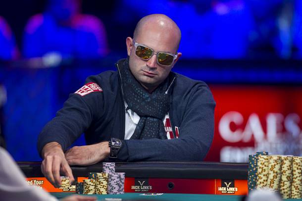 Sylvain Loosli, 26, a poker professional originally from Toulon, France, but now residing in London, during the final table of the World Series of Poker $10,000 buy-in no-limit Texas Hold 'Em tournament at the Rio Monday, Nov. 4, 2013.