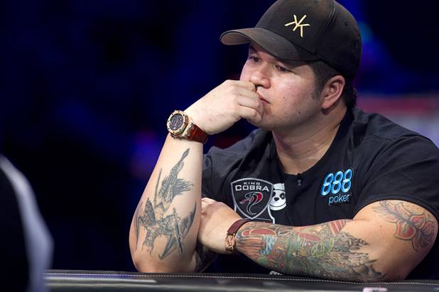 Jay Farber, right, 29, a Las Vegas VIP Host originally from Santa Barbara, Calif., competes against Ryan Riess, 23, a poker professional from East Lansing, Mich., during the final table of the World Series of Poker $10,000 buy-in no-limit Texas Hold 'Em tournament at the Rio Tuesday, Nov. 5, 2013.