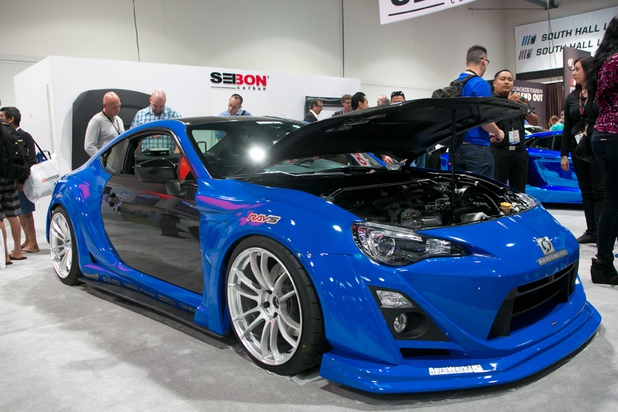 A modified 2013 Subaru BRZ is seen at the Seibon Carbon booth during the 2013 SEMA show at the Las Vegas Convention Center, Tuesday, Nov. 5, 2013.