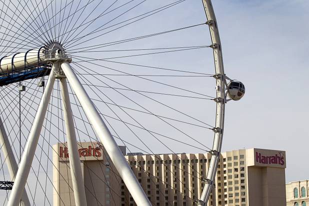 A cabin is shown attached to the 550-foot tall High Roller, the world's tallest observation wheel, under construction near the Las Vegas Strip and Flamingo Road Thursday, Nov. 7, 2013. The wheel is the centerpiece of the Linq project, a $550 million outdoor retail, dining and entertainment district being developed by Caesars Entertainment Corp. The High Roller will feature 28 cabins that will each hold 40 passengers.