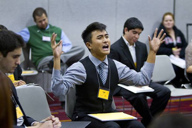 Tyler Paraiso of Southwest Career and Technical Academy becomes animated during a debate at the annual Las Vegas Sun Youth Forum in the Las Vegas Convention Center Wednesday, Nov. 13, 2013.