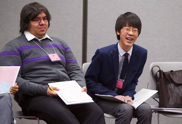 Jake Lee of Green Valley High School laughs during the annual Las Vegas Sun Youth Forum at the Las Vegas Convention Center Wednesday, Nov. 13, 2013. Daniel Castillo of Mojave High School is at left.