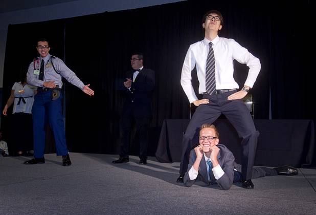 Conner Thornton, bottom, of Foothill High School, and Ryan Cho of Rancho High School perform to Psy's "Gangnam Style," during a lunch break at the annual Las Vegas Sun Youth Forum in the Las Vegas Convention Center Wednesday, Nov. 13, 2013.