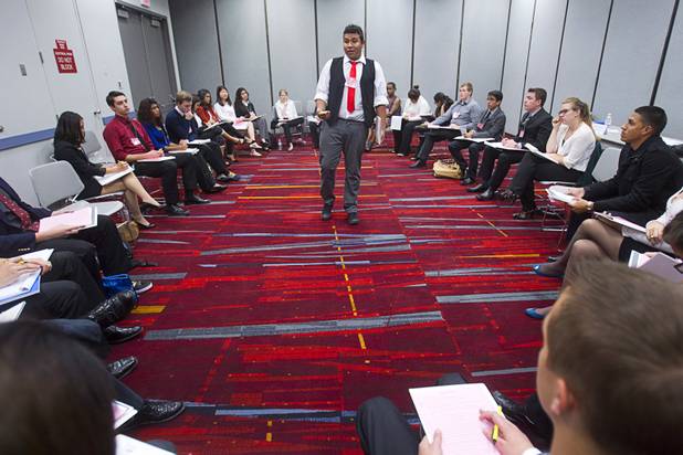 Francisco Ceja, center, of Virgin Valley High School, makes a point during the annual Las Vegas Sun Youth Forum at the Las Vegas Convention Center Wednesday, Nov. 13, 2013.