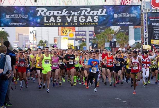 The first wave of half-marathon runners starts during the 5th annual Rock ’n’ Roll Las Vegas Marathon on Sunday, Nov. 17, 2013.

