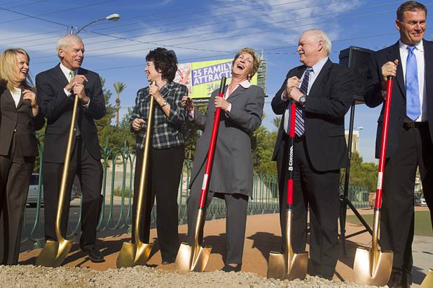 Officials take part in a groundbreaking ceremony at the "Welcome to Fabulous Las Vegas" sign on Las Vegas Boulevard South Monday, Nov. 18, 2013. From left, are: Lydia Ball, executive director of the Clean Energy Project, Hugh Sinnock of the Las Vegas Convention and Visitors Authority, Clark County Commissioner Mary Beth Scow, Commissioner Chris Giunchigliani, Bob Stewart of NV Energy, Rick Van Diepen, executive director of Green Chips and Chris Brooks of Bombard Renewable Energy. The groundbreaking was for a photovoltaic solar installation which will power the sign.
