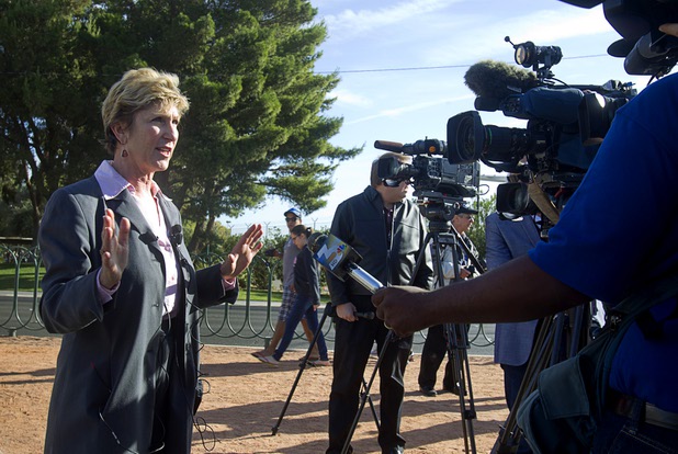 Commissioner Chris Giunchigliani talks with reporters during a groundbreaking ceremony at the "Welcome to Fabulous Las Vegas" sign on Las Vegas Boulevard South Monday, Nov. 18, 2013. The groundbreaking was for a photovoltaic solar installation which will power the sign. The project is funded by donations from the Consumer Electronics Association, NV Energy, the Las VegasCentennial Commission and Bombard Renewable Energy.