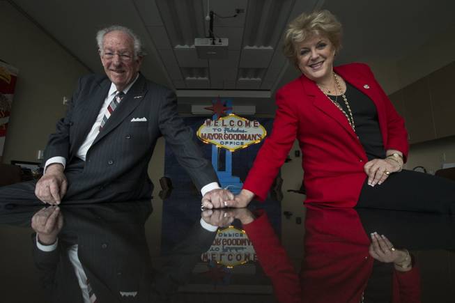 Las Vegas Mayor Carolyn Goodman, right, happily works in the shadow of her predecessor and husband, former Mayor Oscar Goodman, Nov. 21, 2013.