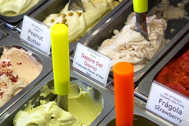 An assortment of gelatos are displayed at the Art Of Flavors gelato shop, 1616 Las Vegas Boulevard South, Sunday, Nov. 24, 2013.