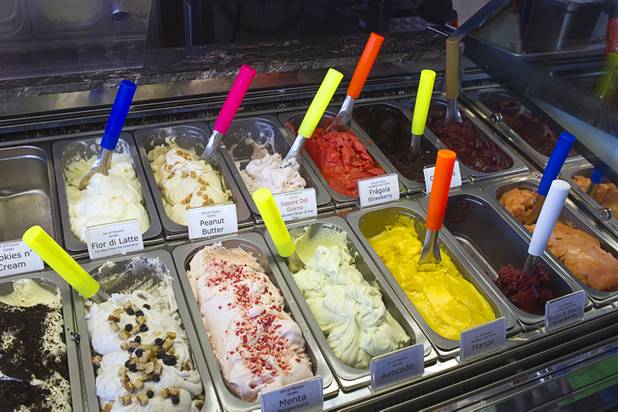 An assortment of gelatos are displayed at the Art Of Flavors gelato shop, 1616 Las Vegas Boulevard South, Sunday, Nov. 24, 2013.
