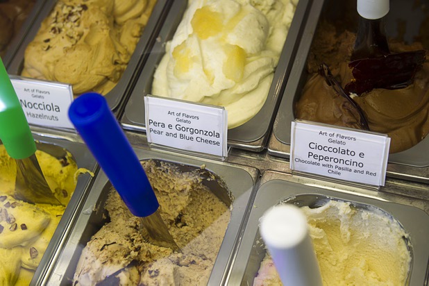 An assortment of gelatos are displayed at the Art Of Flavors gelato shop, 1616 Las Vegas Boulevard South, Sunday, Nov. 24, 2013. The Pera e Gorgonzola (pear and blue cheese), top center, is on of the most popular flavors, said chef Desyree G. Alberganti .