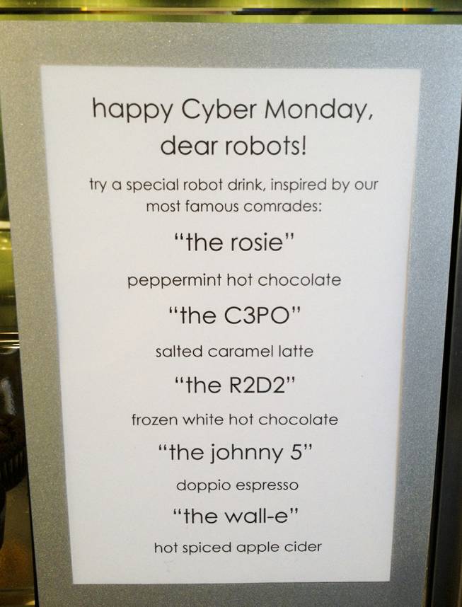 The cafe specialty drink menu at Zappos' headquarters in downtown Las Vegas on Cyber Monday, Dec. 2, 2013.