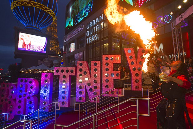 A fireeater performs during an arrival ceremony for Britney Spears at Planet Hollywood on Tuesday, Dec. 3, 2013. Spears is making preparations for the debut of her two-year residency, “Britney: Piece of Me,” that is scheduled to begin at Planet Hollywood on Dec. 27. 