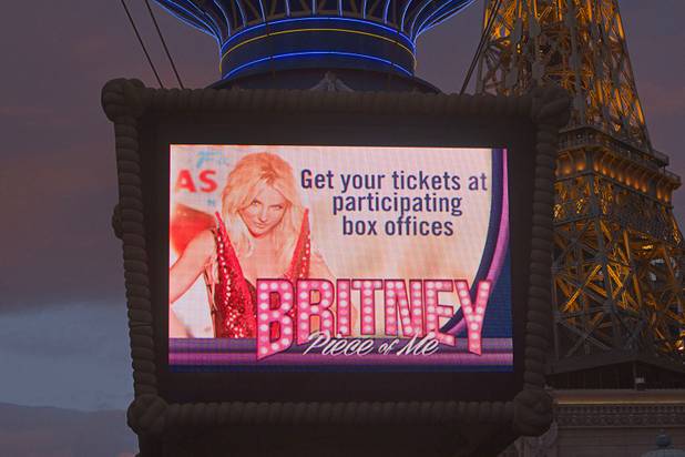 A video screen at Paris Las Vegas advertises Britney Spears' new show at Planet Hollywood on Tuesday, Dec. 3, 2013. Spears is making preparations for the debut of her two-year residency, “Britney: Piece of Me,” that is scheduled to begin at Planet Hollywood on Dec. 27. 
