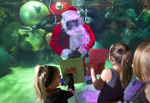 Olivia Krause, 4, and her sister Tori, of Elko, Nev. show their wish lists to Santa Claus at the Silverton Casino Hotel in Las Vegas, Nevada December 8, 2013. The underwater Santa and his helpers greet visitors and take present requests from inside the casino's 117,000-gallon aquarium on weekends in December until Christmas.