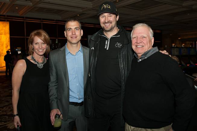 Nikki Balsbaugh, Poker Royalty CEO and founder Brian Balsbaugh, Phil Hellmuth and Mike Balsbaugh at Bellagio. 
