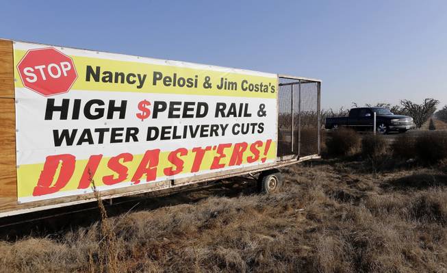 A sign along Hwy 43 displays opposition to California's high-speed rail in Hanford, Calif., Dec. 12, 2013. The state project would connect San Francisco to Los Angeles, but has many residents of Hanford worried that it may change their rural way of life.