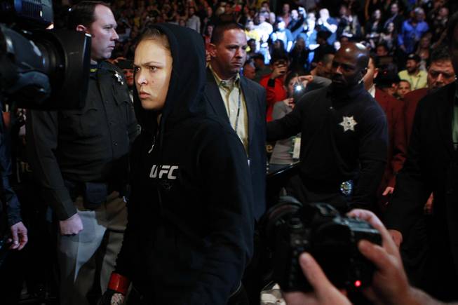 Ronda Rousey makes her entrance to defend her bantamweight title against Miesha Tate at UFC 168 Saturday, Dec. 28, 2013 at the MGM Grand Garden Arena.