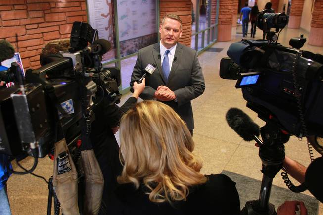 John Entsminger talks to the media after being named the new general manager for the Las Vegas Valley Water District Tuesday, Jan. 7, 2014.