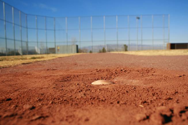 This is where the first base bag would sit at Sunrise Mountain High School's baseball field Wednesday, Jan. 8, 2014 if it hadn't been stolen.