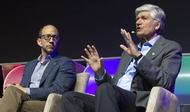 (From left) Panelists Dick Costolo, CEO of Twitter, and Maurice Levy, CEO of Publicis Groupe, talk branding and teamwork during a CES keynote event in the LVH Theatre  on Wednesday, Jan. 8, 2014.