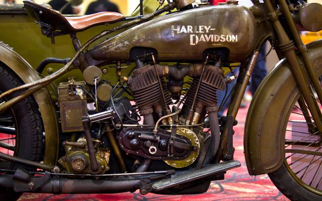 A 1925 Harley-Davidson Twin JDCBS W/SC motorcycle is one of many South for sale at the 23rd Annual Las Vegas Vintage Motorcycle Auction at South Point on Friday, Jan. 10, 2014.