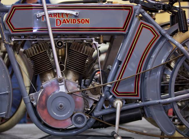 A 1911 Harley-Davidson 7D Twin motorcycle is one of many South for sale at the 23rd Annual Las Vegas Vintage Motorcycle Auction at South Point on Friday, Jan. 10, 2014.