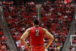 UNLV forward Khem Birch waits for play against San Diego State to resume during their game Saturday, Jan. 18, 2014 at Viejas Arena in San Diego. The 10th ranked SDSU won the game 63-52.