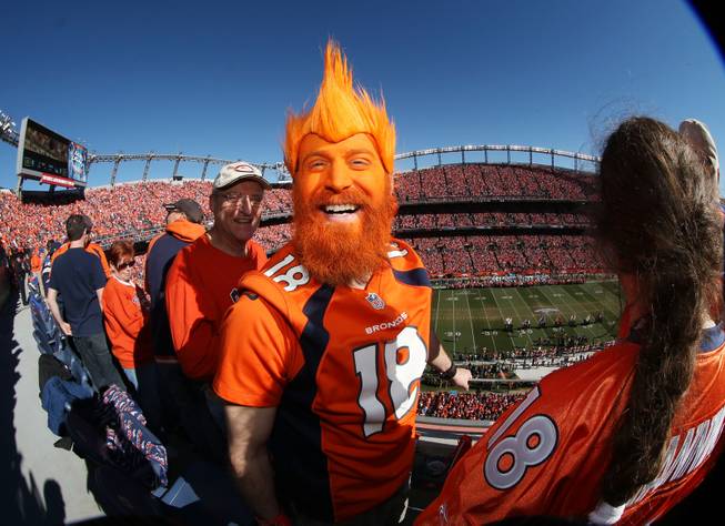 Denver Broncos fan Nick Hess, of Longmont, Colo., shows off his colors in Sports Authority Field at Mile High Stadium during the start of the AFC Championship NFL football playoff game as the Broncos host the New England Patriots on Sunday, Jan. 19, 2014, in Denver.