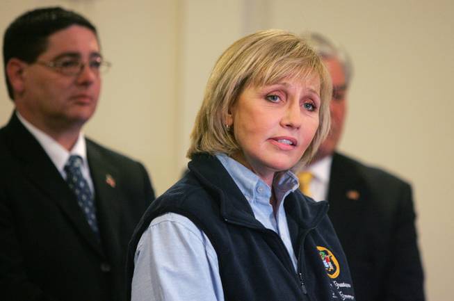Lt. Gov. Kim Guadagno speaks to the press during the the Dr. Martin Luther King, Jr. National Day of Service in Union Beach, N.J., Monday, Jan. 20, 2014. Guadagno denied allegations by the Hoboken mayor that Superstorm Sandy relief funding was withheld from Hoboken because the mayor wouldn't sign off on a politically connected real estate venture.
