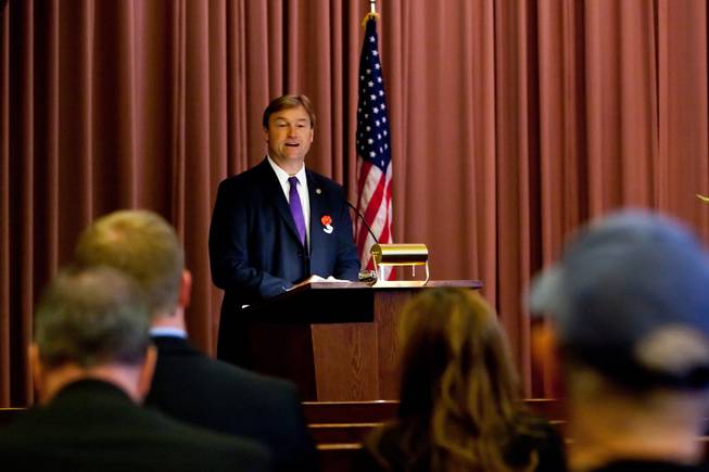 Sen. Dean Heller gives a memorial tribute during the 48th Annual Memorial Day Service at the Palm Downtown Mortuary and Cemetery in Las Vegas, Monday, May 27, 2013.