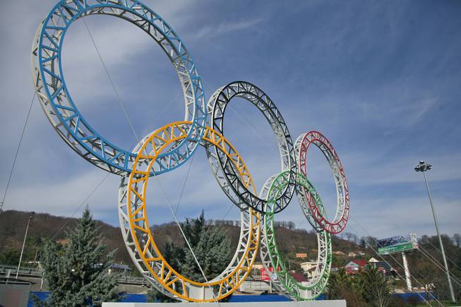 Olympic rings for the 2014 Winter Olympics are installed in the Black Sea resort of Sochi, southern Russia, late Tuesday, Sept. 25, 2012.