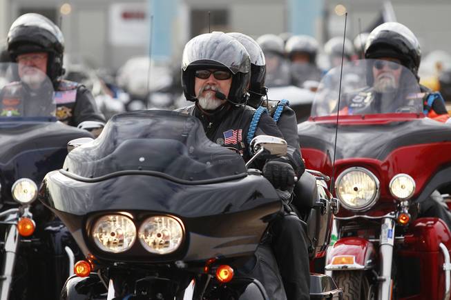 Motorcyclists head out for a ride on the Strip at an event to mark the beginning of construction of a Harley Davidson dealership on the Strip Thursday, Jan. 23, 2014. The dealership will be located on the east side of the Strip, just south of Russell Road.