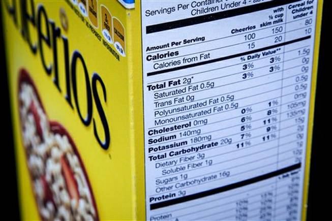 The nutrition facts label on the side of a cereal box is photographed in Washington, Thursday, Jan. 23, 2014. Nutrition labels on the back of food packages may soon become easier to read. The Food and Drug Administration (FDA) says knowledge about nutrition has evolved over the last 20 years, and the labels need to reflect that.