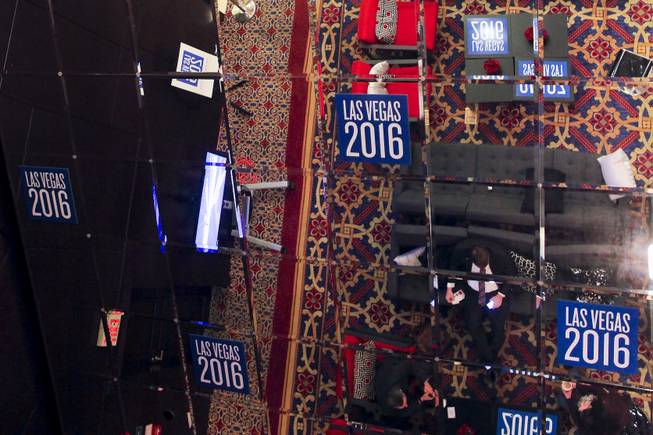 Even the reflective ceiling is decked out with Las Vegas 2016 decals at the RNC winter meeting at the Renaissance Hotel in Washington, D.C. 