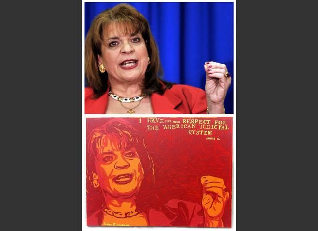 This combination image shows an Associated Press photo, top, of Florida State Attorney Angela Corey, taken in Jacksonville, Fla., on April 11, 2012, during her announcement of second-degree murder charges against George Zimmerman in the shooting death of Trayvon Martin, and a painting, bottom, by George Zimmerman that portrays Angela Corey, titled "Angie." 