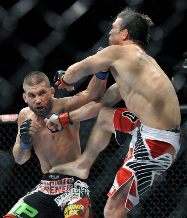 Jeremy Stephens left, fights Darren Elkins right, during the featherweight bout of an UFC mixed martial arts match in Chicago, Saturday, Jan., 25, 2014.