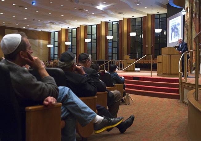 Ret. Major Leonard Berney speaks at Congregation Ner Tamid in Henderson Monday, Jan. 27, 2014. Berney was a member of British forces that liberated the Bergen-Belsen concentration camp during Word War II. The presentation was part of International Holocaust Memorial Day.