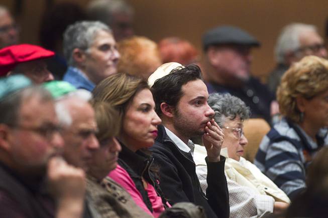 People listen to Ret. Major Leonard Berney at Congregation Ner Tamid in Henderson Monday, Jan. 27, 2014. Berney was a member of British forces that liberated the Bergen-Belsen concentration camp during Word War II. The presentation was part of International Holocaust Memorial Day.