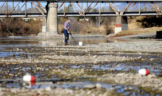 Hugh Beggs of Santa Rosa, Calif., searches for coins in the middle of the Russian River at Healdsburg Veterans Memorial Beach in Healdsburg, Calif., taking advantage of the way below normal river flow,  Jan. 14, 2014. 