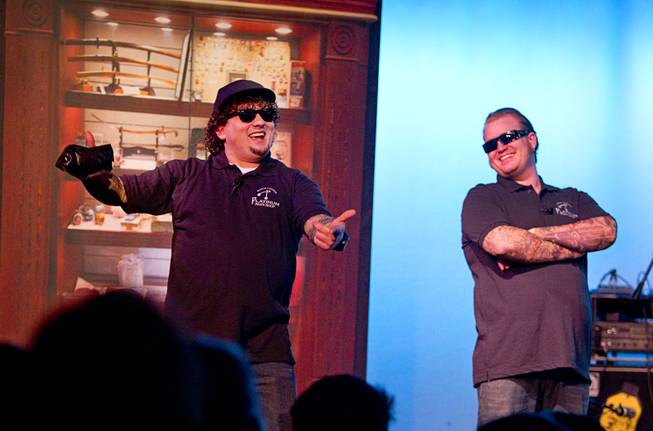 Garrett Grant, left, as Chump and Gus Langley as Lil' Boss perform during "Pawn Shop Live!" at the Golden Nugget Thursday, Jan. 30, 2014. The production show is a parody based on the story of Gold & Silver Pawn, home of the History Channel's Pawn Stars television series.