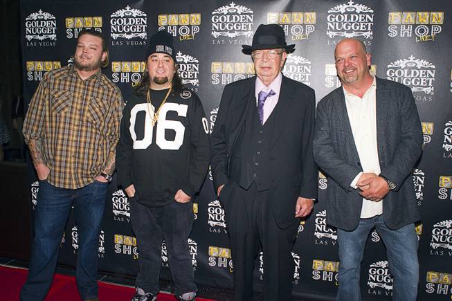 Corey “Big Hoss” Harrison, Austin “Chumlee” Russell, Richard “The Old Man” Harrison and Rick Harrison on the red carpet after attending a performance of “Pawn Shop Live!” on Thursday, Jan. 30, 2014, at the Golden Nugget.