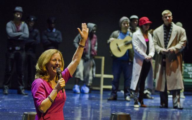 Julie Murray, Principal CEO of Moonridge Group, thanks all for attending a rehearsal at the Michael Jackson Theater on Thursday, Jan. 30, 2014, for this year's “One Night for One Drop” fundraising performance at Mandalay Bay.