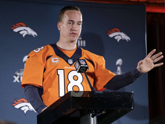 Denver Broncos quarterback Peyton Manning talks with reporters during a news conference Thursday, Jan. 30, 2014, in Jersey City, N.J. The Broncos are scheduled to play the Seattle Seahawks in the NFL Super Bowl XLVIII football game Sunday, Feb. 2, in East Rutherford, N.J. 