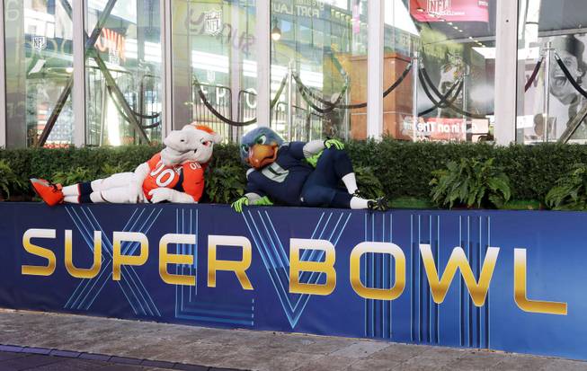 Blitz, right, the Seattle Seahawks mascot, is sits with Miles, left, the Denver Broncos mascot, Friday, Jan. 31, 2014 on top of a Super Bowl sign during a live broadcast of Good Morning America at Times Square in New York. The Seattle Seahawks will play the Broncos Sunday in the NFL Super Bowl XLVIII football game in East Rutherford, N.J. 