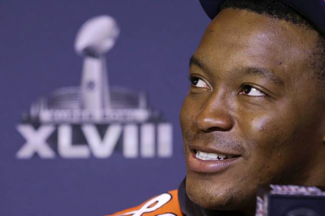 Denver Broncos wide receiver Demaryius Thomas talks with reporters during a news conference Thursday, Jan. 30, 2014, in Jersey City, N.J. The Broncos are scheduled to play the Seattle Seahawks in the NFL Super Bowl XLVIII football game Sunday, Feb. 2, in East Rutherford, N.J.