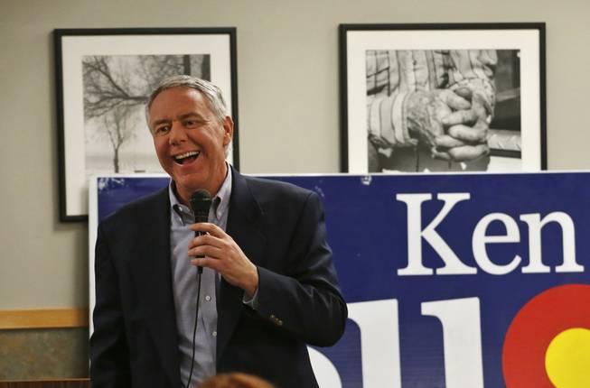 Weld County District Attorney Ken Buck, a frontrunner in the GOP primary for the U.S. Senate race, speaks to supporters during a campaign dinner Friday, Jan. 24, 2014, at Johnson's Corner, a truck stop and diner, in Johnstown, Colo.