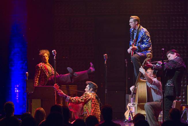 Cast members perform in "Million Dollar Quartet" at Harrah's Tuesday, Feb. 4, 2014. From left, Martin Kaye as Jerry Lee Lewis, Justin Shandor as Elvis, Scott Hinds as Carl Perkins, Josh Jones on bass, and Benjamin Hale as Johnny Cash.